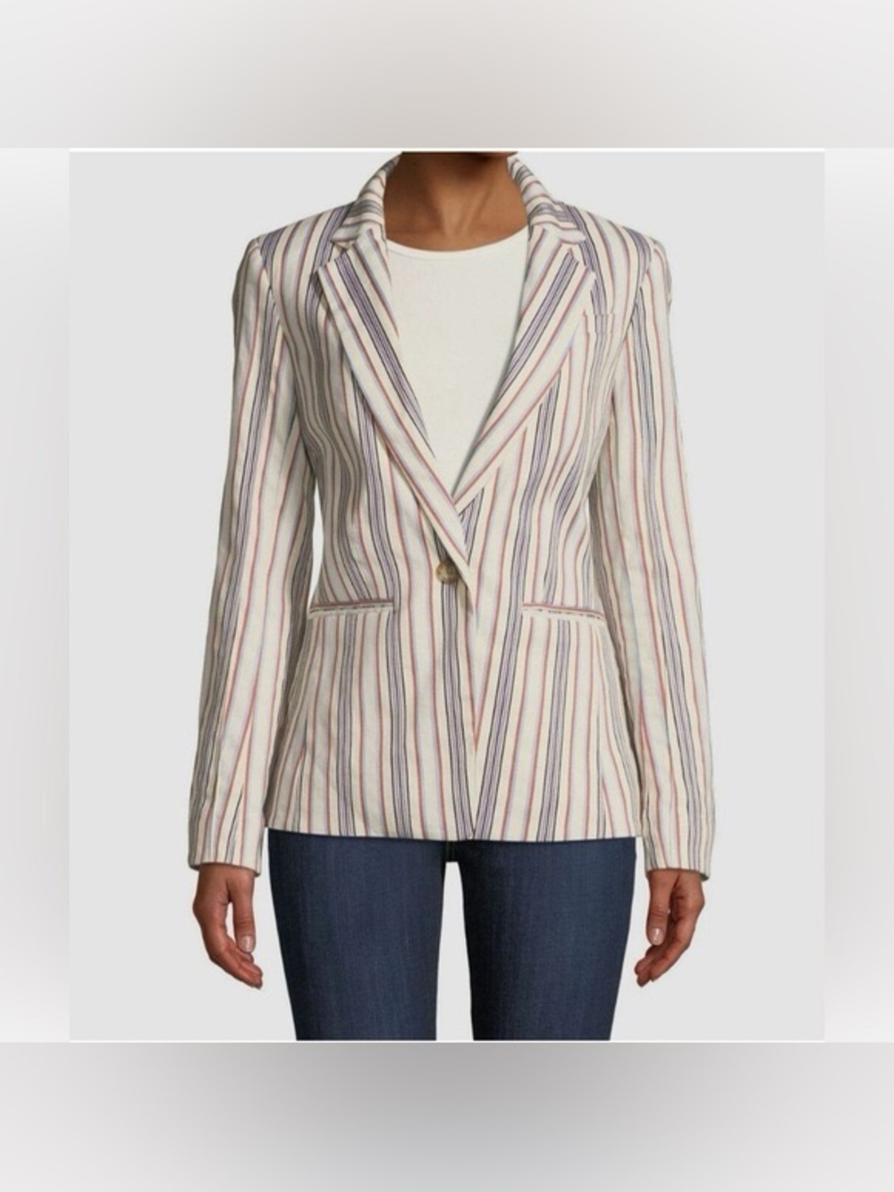 DEREK LAM 10 CROSBY BLAZER ECRU STRIPED STRETCH COTTON SIZE 00 ONE-BUTTON JACKET